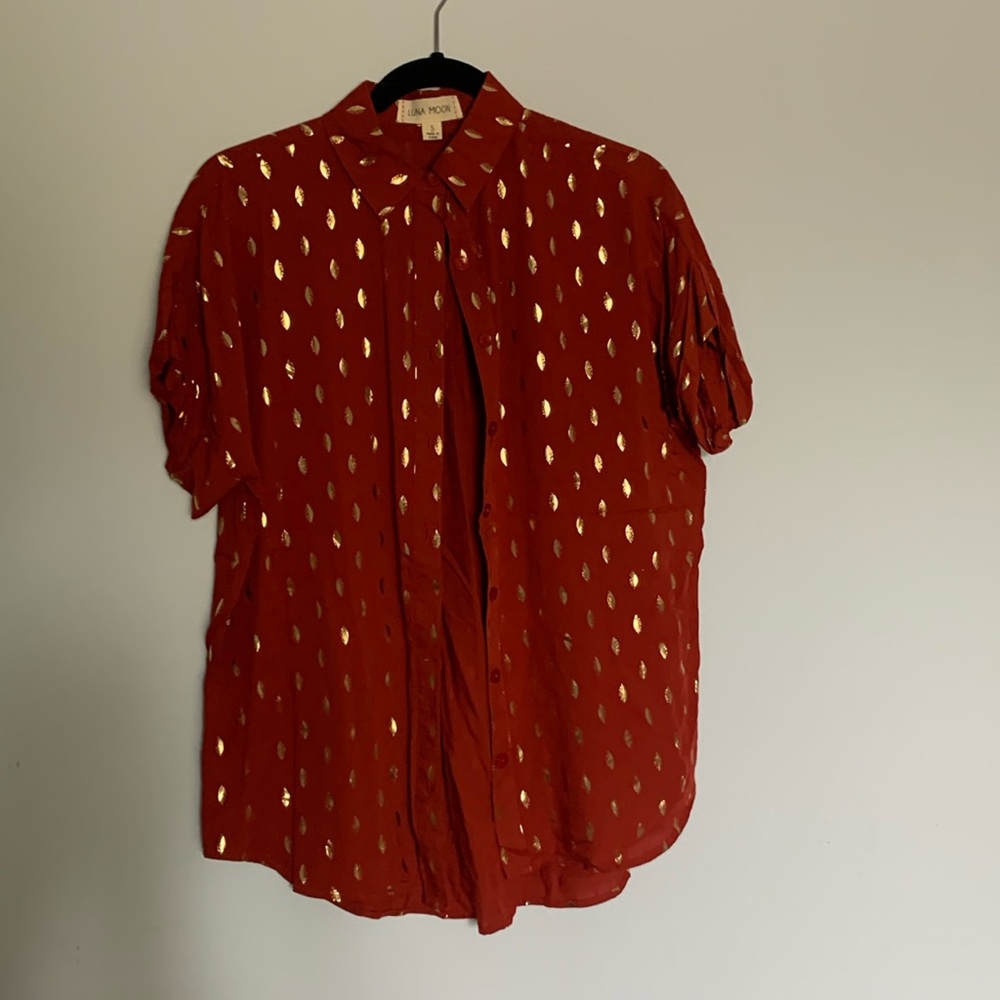 Luna Moon Orange and Gold Leaf Short-Sleeve Button-Down Shirt